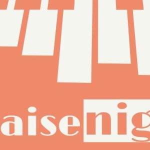 Elegant graphic design for Praise Night event with piano keys on a peach background.