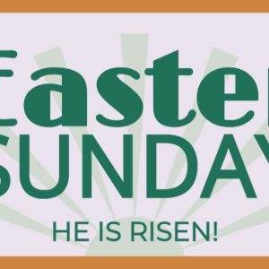 Easter Sunday banner with He is Risen message and green sunburst design