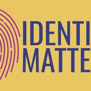 Colorful fingerprint with 'Identity Matters' text on a bright yellow background.