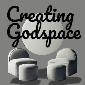 Modern gray furniture set with chairs and ottomans under 'Creating Godspace' text.