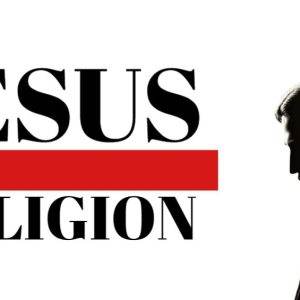 Silhouette of Jesus Christ with bold text highlighting the word "Religion"