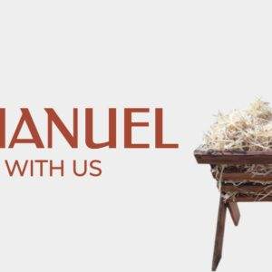 Manger with hay and text Emmanuel God With Us