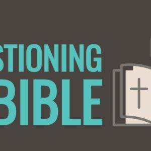 "Questioning the Bible graphic with open book and speech bubbles"