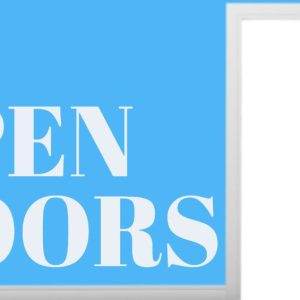 Open white door against a bright blue background with the phrase 'Open Doors' in bold white letters.