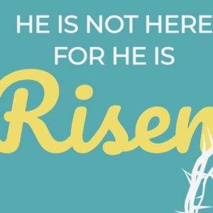 Easter message with the text "He is not here for He is risen" on a teal background