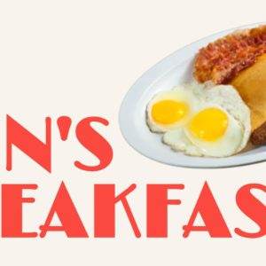 Hearty breakfast plate with pancakes, eggs, sausage, and bacon beside bold red text, "Men's Breakfast."