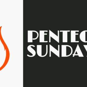 Minimalist illustration of a red flame and bold text reading "Pentecost Sunday" on a contrasting background.