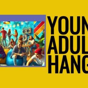 Vibrant gathering of young adults enjoying a lively hangout with games, colorful decor, and music.