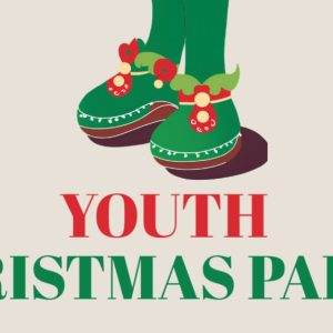 Festive illustration of elf shoes promoting a youth Christmas party.