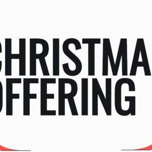 Festive Christmas offering banner with decorated trees and gift boxes.