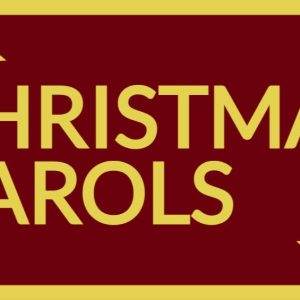 Christmas carols banner with holly leaves in yellow and red theme.