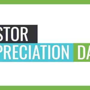 Pastor Appreciation Day banner with bold text and vibrant green border.