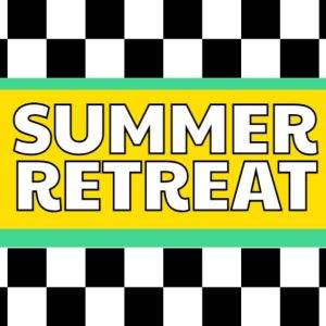 Bold summer retreat graphic with checkerboard border and bright colors.