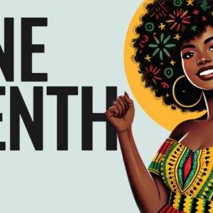 Celebratory illustration of a woman in traditional African attire next to "Juneteenth" text with vibrant cultural colors.