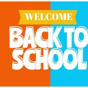 Colorful back-to-school banner with "Welcome" in yellow, half orange and half blue background.