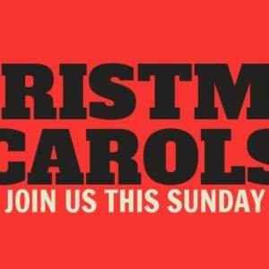 Bold Christmas carols announcement with snowflakes on a red background