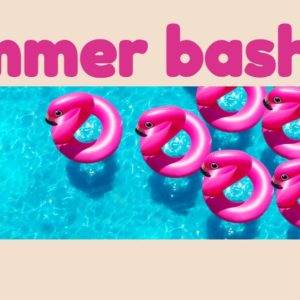 Bright pink flamingo floats on a vibrant blue pool background at a summer party.