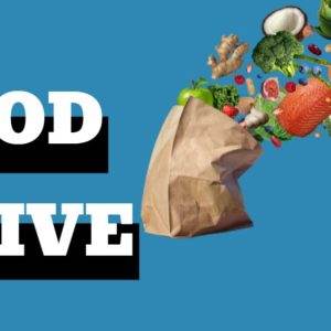 Illustrated food items and paper bag signify food drive effort against blue backdrop.