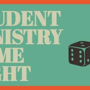 Student ministry game night banner with dice graphic.