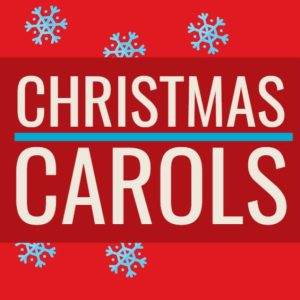 Festive red background with snowflakes and bold text reading 'Christmas Carols'.