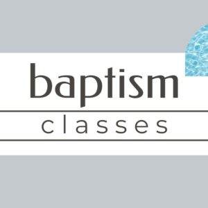 Baptism classes banner with water-themed design elements.