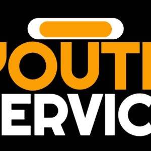 Bold graphic design for Youth Service with striking orange and white typography on a black background.