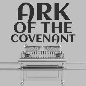 Silver Ark of the Covenant illustration on gray background with bold text.