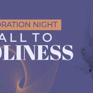 A graphic design for Restoration Night featuring a white dove and the text "A Call to Holiness" on a purple background.