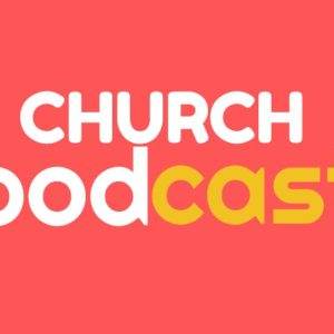 Church podcast graphic with vintage microphones on a red background.