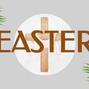 Easter celebration with a wooden cross and palm leaves on a light background.