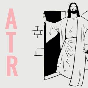 Illustration of Jesus standing by an open tomb with pink letters spelling 'EASTER' on the left side.