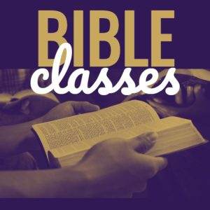 Hands holding an open Bible in a group setting with the words "Bible Classes" displayed prominently.