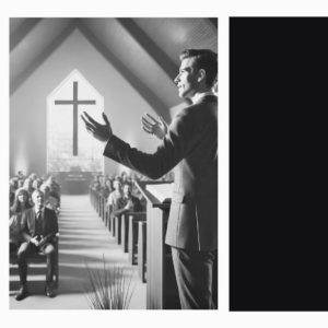 Pastor preaching to congregation in a modern church with large cross.