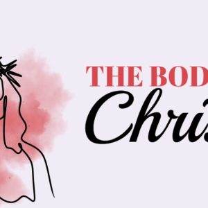 Minimalist line art of Jesus with a crown of thorns and red text reading "The Body of Christ" on a light background.