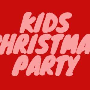 Festive kids Christmas party banner with holly decorations on a bright red background.