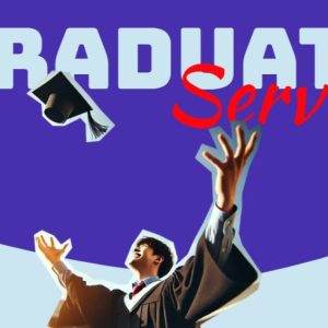 Graduate celebrating with cap mid-air on a vibrant blue background, conveying achievement and success.