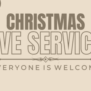 Christmas Eve service invitation with elegant brown and beige design highlighting inclusivity.