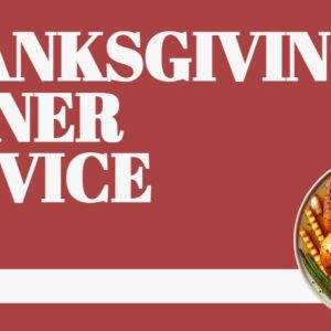 Thanksgiving dinner service featuring a roasted turkey with vegetables on a red background.