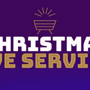 Festive Christmas Eve Service graphic with manger symbol on purple background