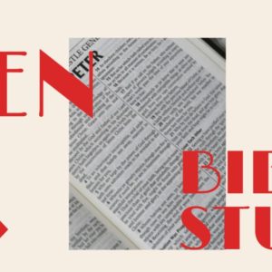 Open Bible with red text overlay reading "Men Bible Study" on a cream background.