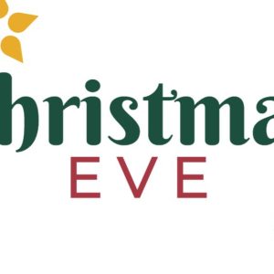 Festive "Christmas Eve" banner with decorative red and yellow floral accents.