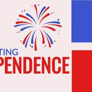 Independence celebration design with red and blue fireworks and colorful squares.