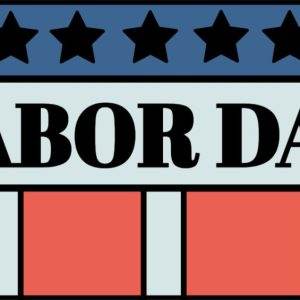 Labor Day banner with stars and stripes in red, blue, and white design.