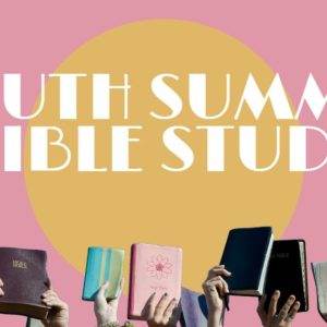 Diverse group of hands holding colorful Bibles against a pink background with a yellow circle for a youth summer Bible study.