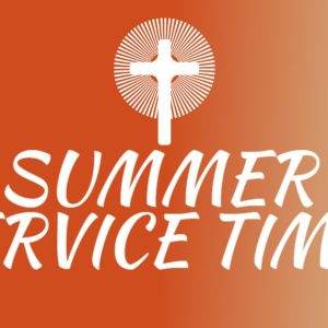 Summer service times graphic with a cross symbol on an orange gradient background.