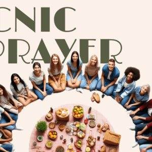 Group of diverse people sitting in a circle enjoying a picnic with food and drinks.