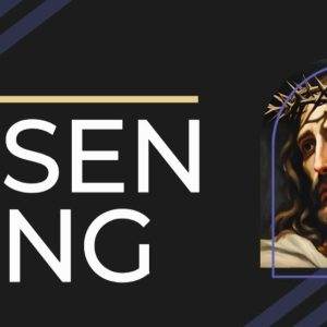 Illustration of Jesus with a crown of thorns, next to the text 'The Risen King' on a dark background with stripes.