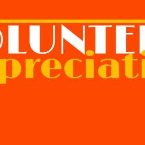 Bold volunteer appreciation graphic with uplifting orange and yellow colors and reaching hands illustration.