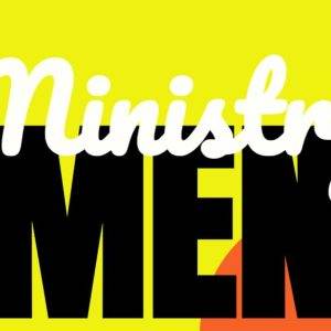 Bold graphic design with the words "Ministry Men" in black and white against a bright yellow background, featuring a church icon in an orange location marker.