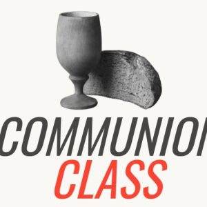 Communion class with a chalice and bread on a white background.